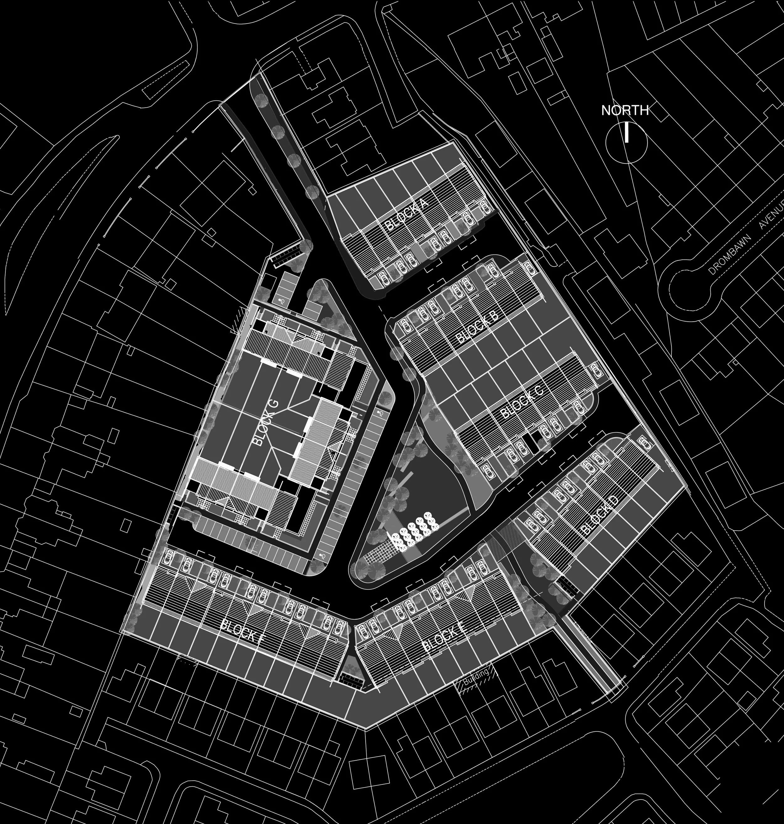 Black and white architectural site plan of a residential or commercial development with multiple buildings, parking lots, roads, trees, and labeled blocks.