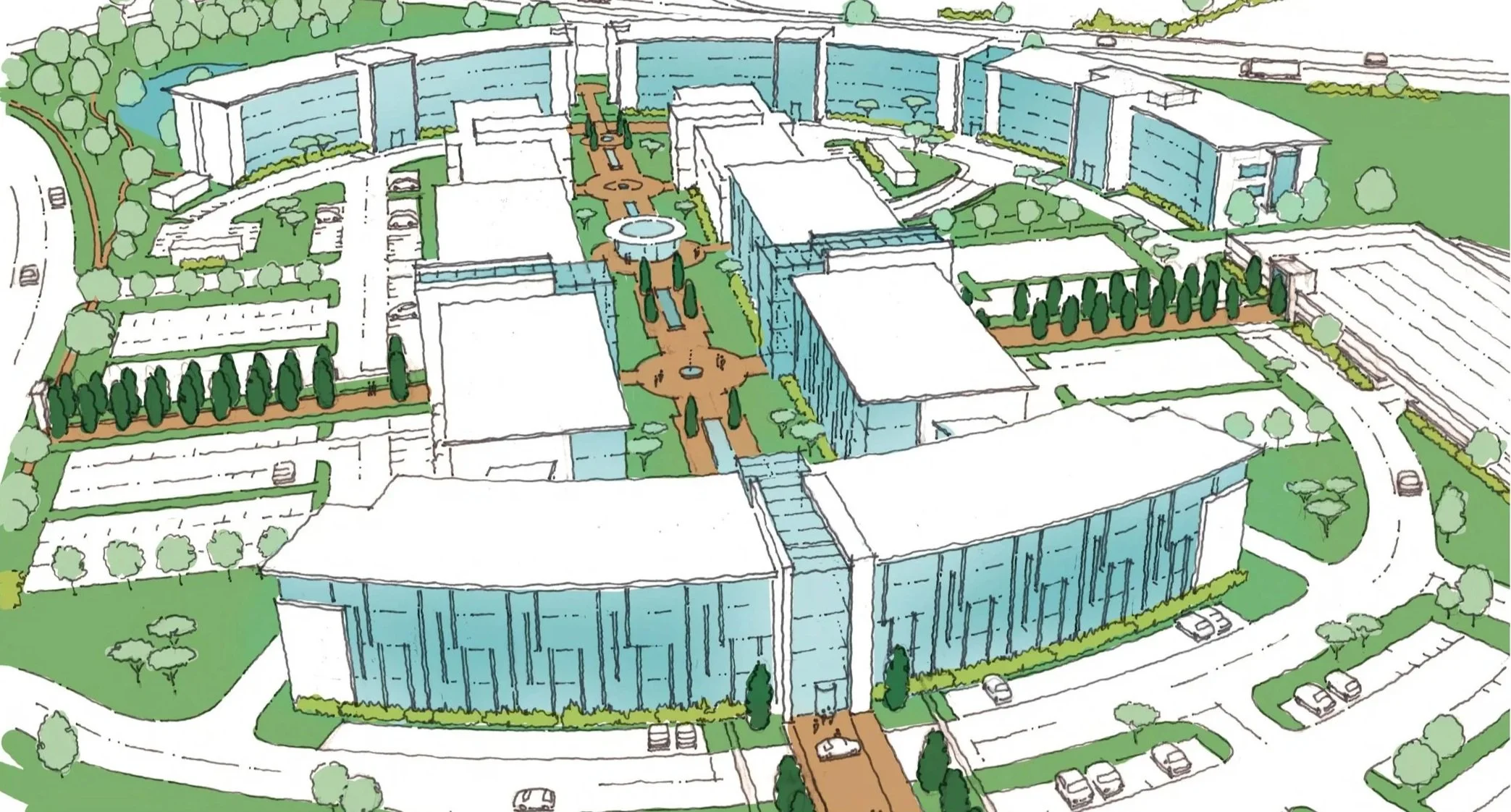 An illustrated masterplanning map of a large modern campus with multiple buildings, green spaces, parking areas, and pathways, featuring a central courtyard with a fountain and surrounding trees.