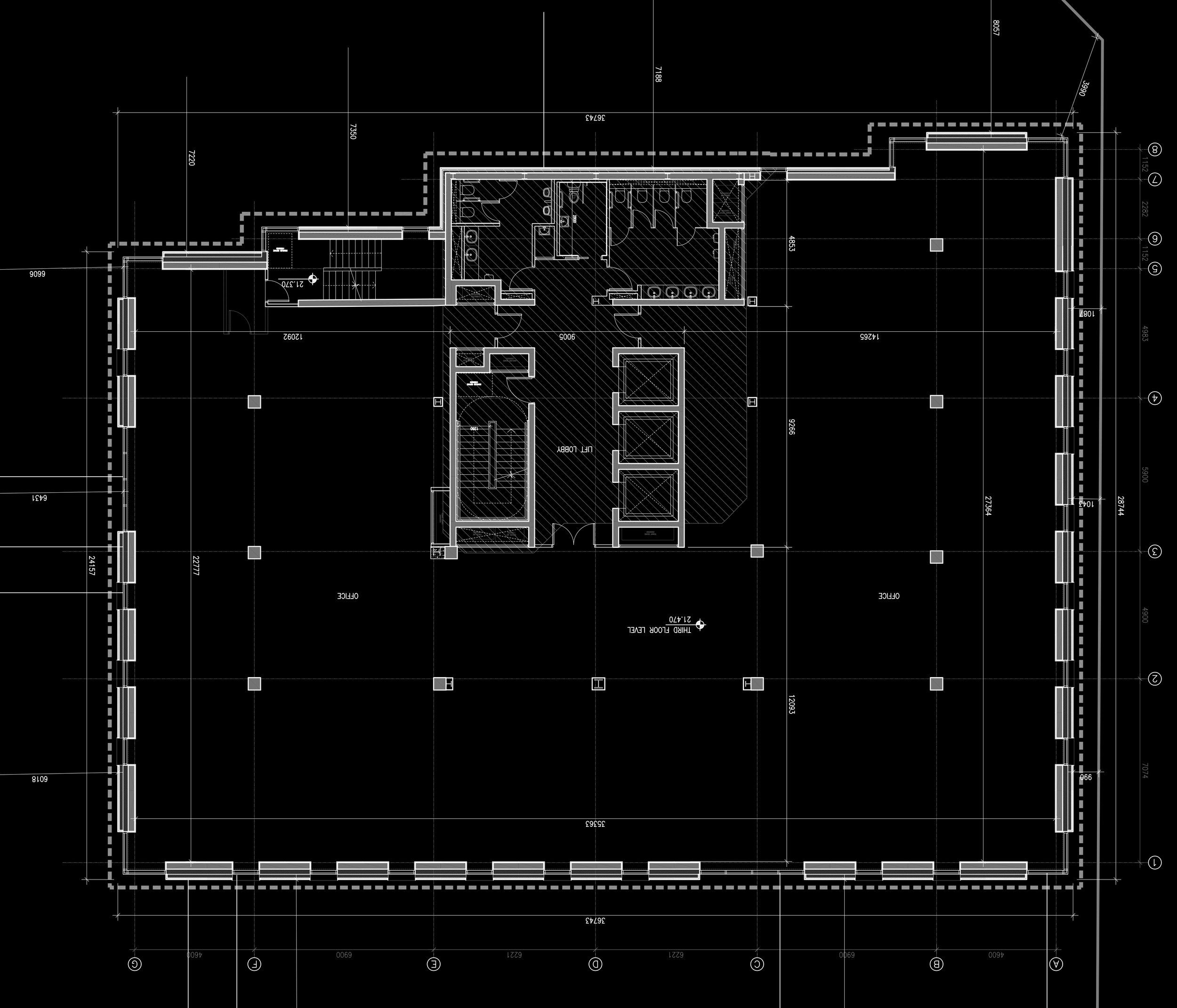 Architectural floor plan drawing of a building with rooms, staircases, elevators, and measurements, shown in white lines on a black background.