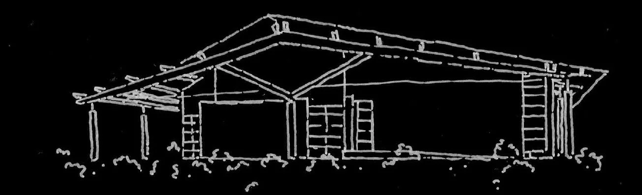 Line drawing of a house frame under construction, showing roof and structural beams.