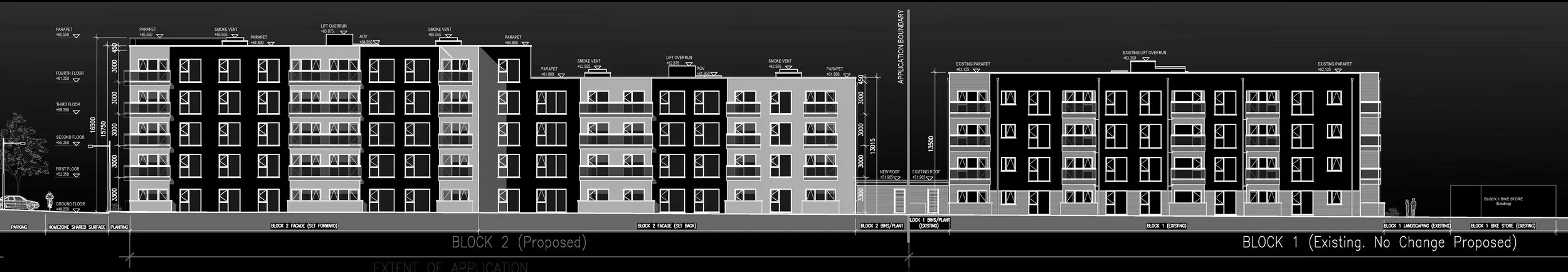 Architectural drawing of a multi-story apartment complex showing proposed and existing buildings with detailed measurements and labels.