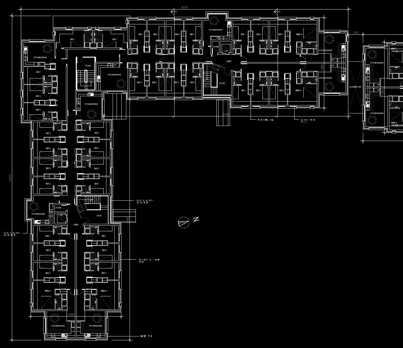 Architectural blueprint of a multi-unit residential building with detailed room layouts, staircases, kitchens, bedrooms, and hallways.