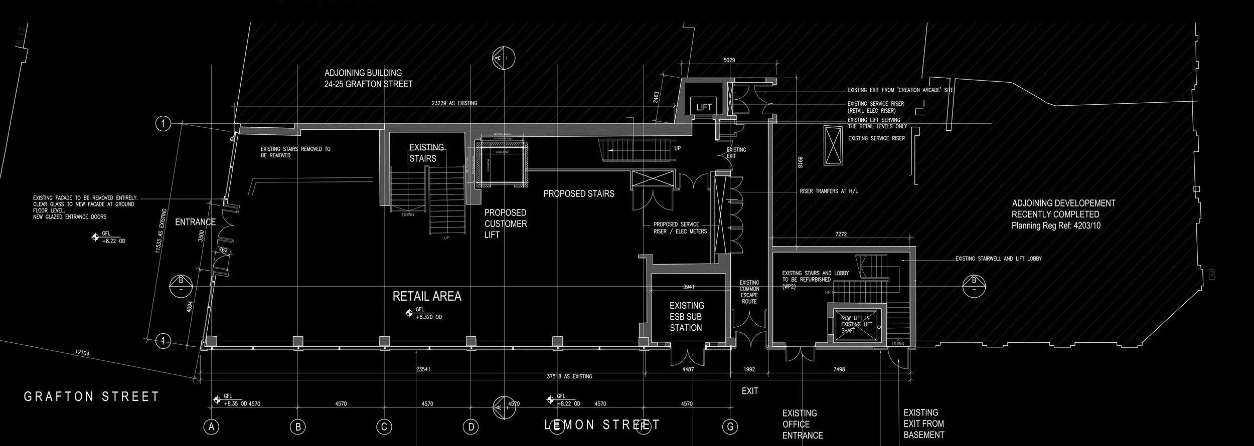 Architectural blueprint of a building layout including stairs, lifts, retail area, and annotations for renovations and exits.