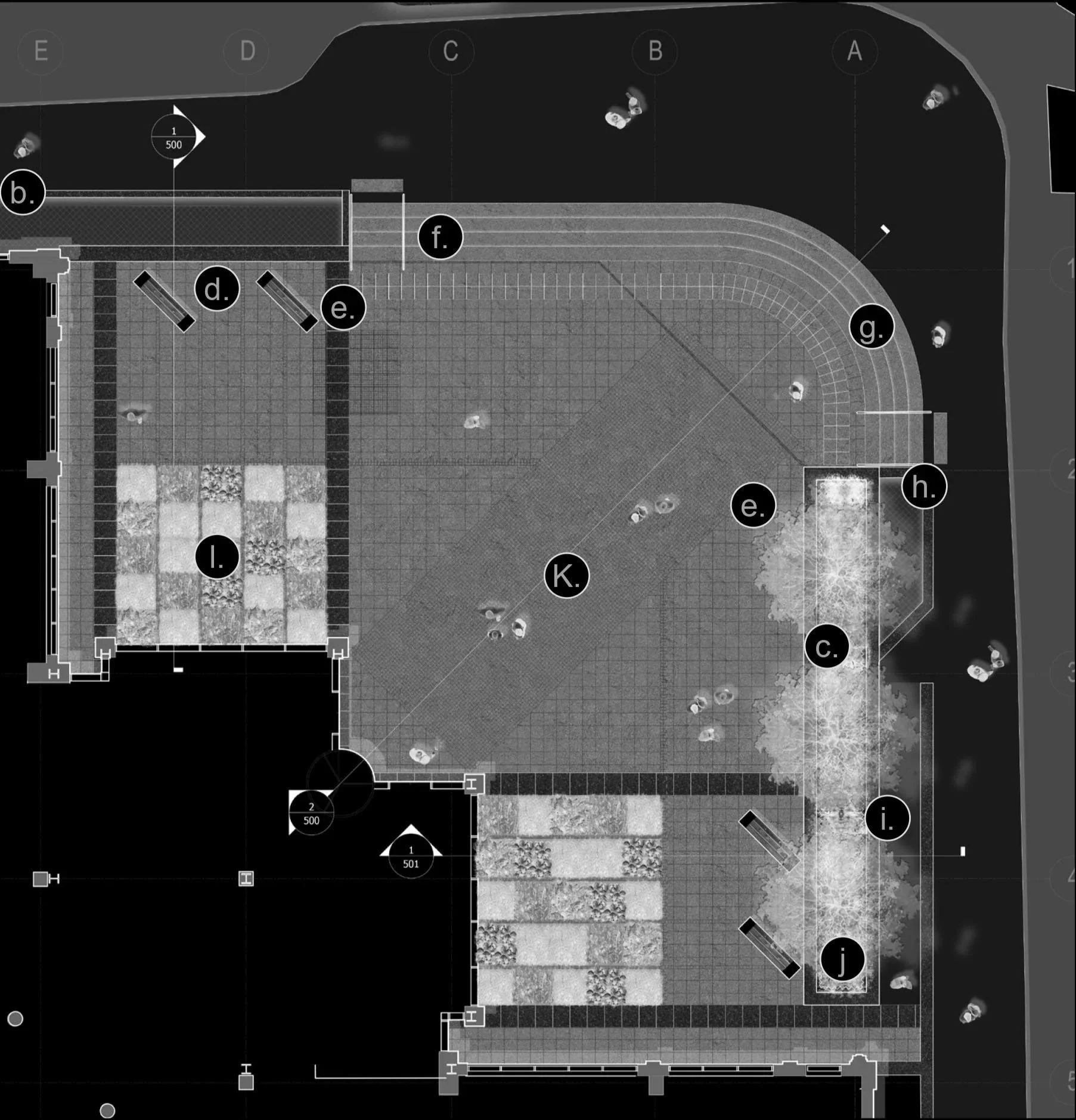Architectural site plan of a courtyard with labeled features including benches, trees, pathways, and structures.