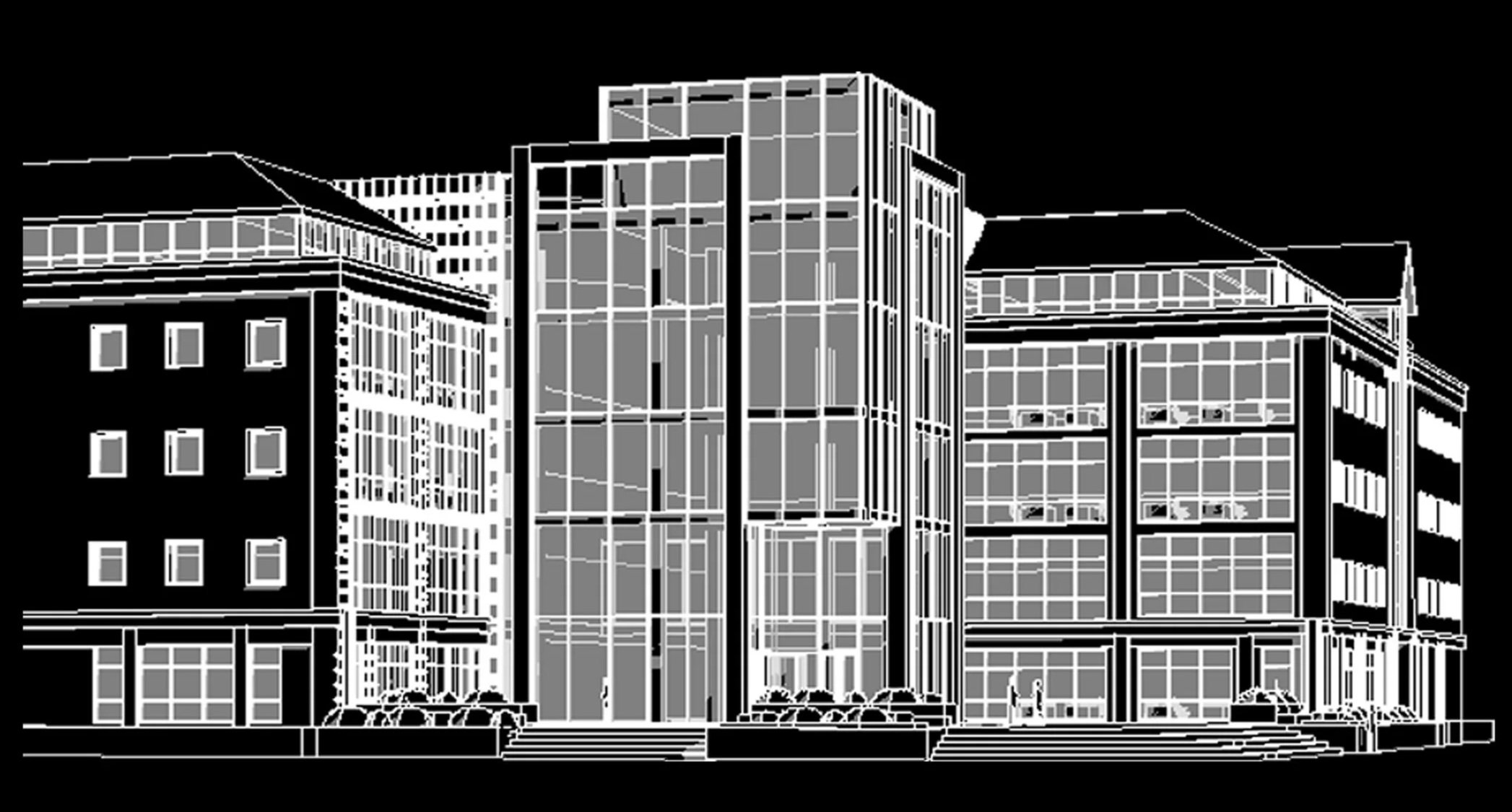Line drawing of a modern multi-story building with glass windows, surrounded by cars and steps at the entrance.