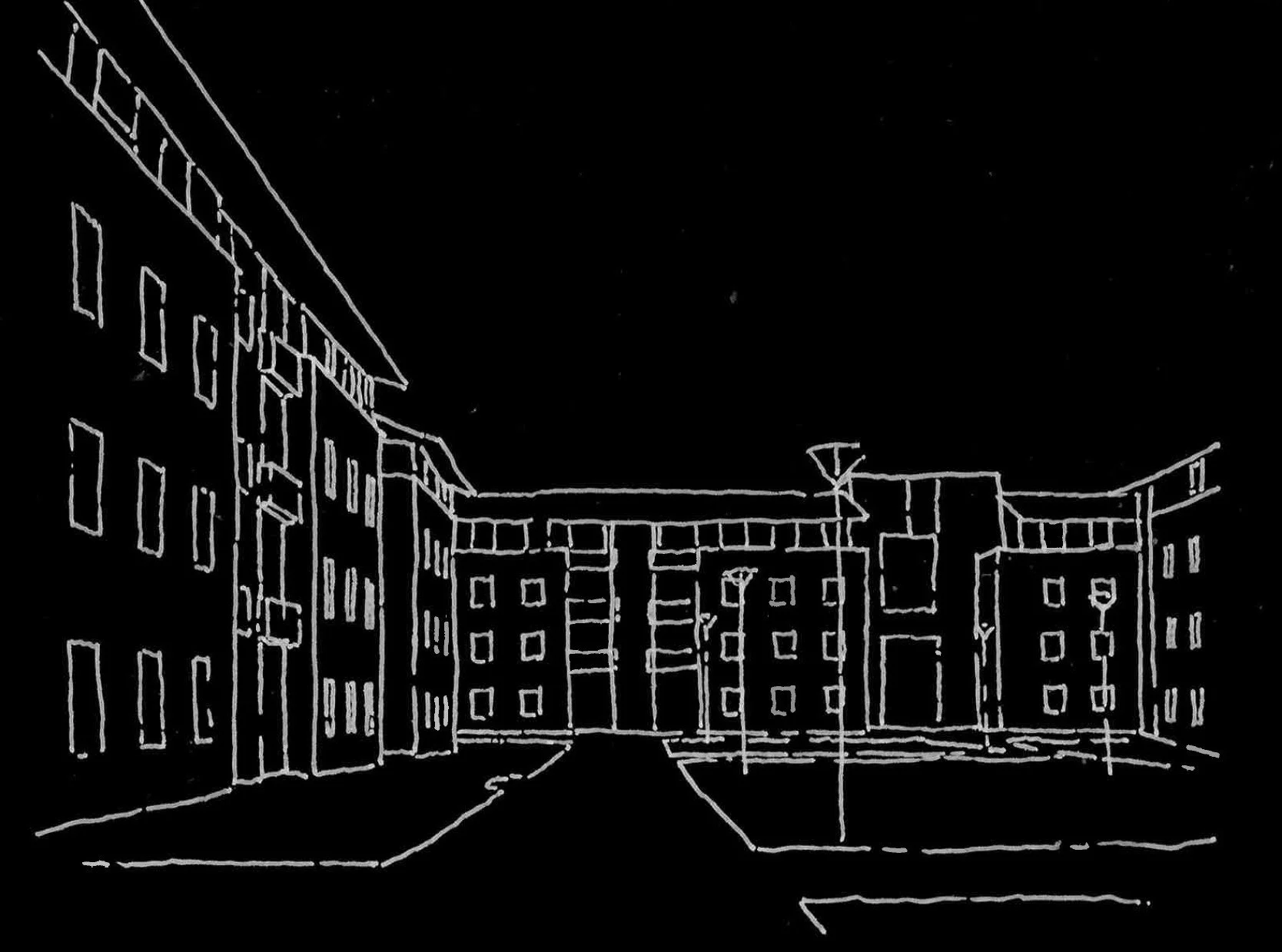 Line drawing of a residential apartment complex with multiple buildings, windows, and a central courtyard, set against a dark background.