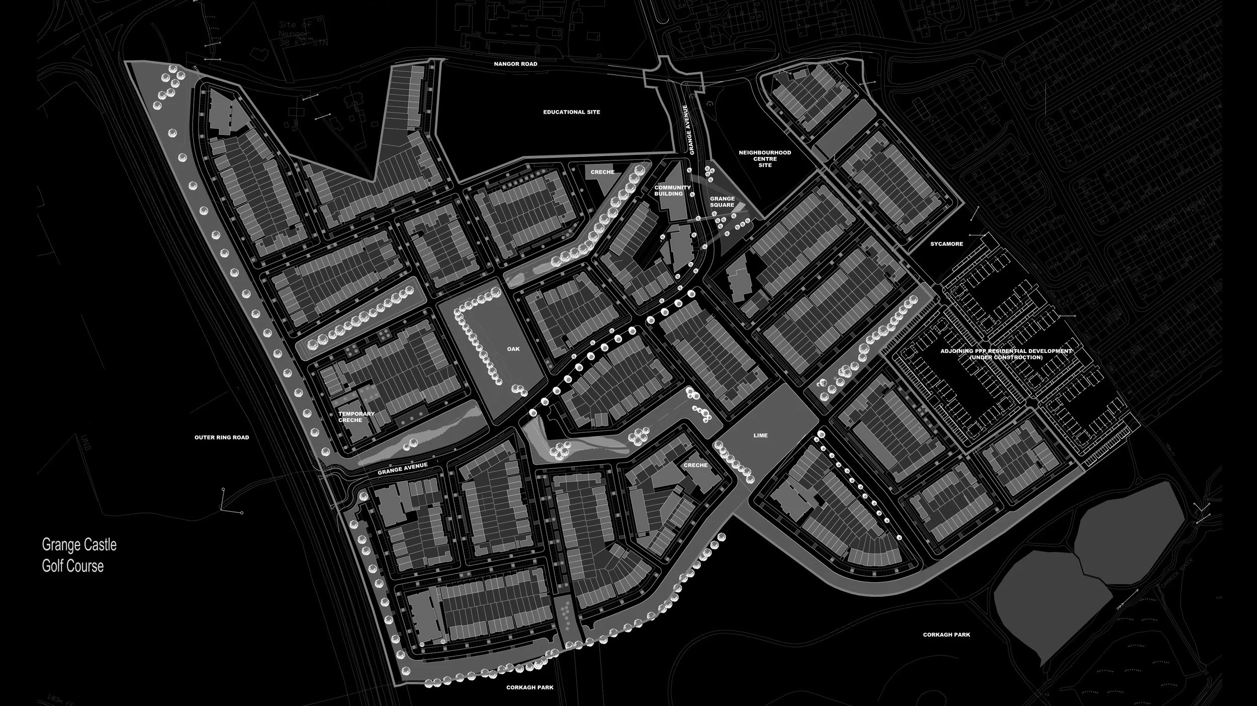 Black and white site plan of a residential area with labeled features including streets, parks, creches, and development sites, illustrating layout and planning details.