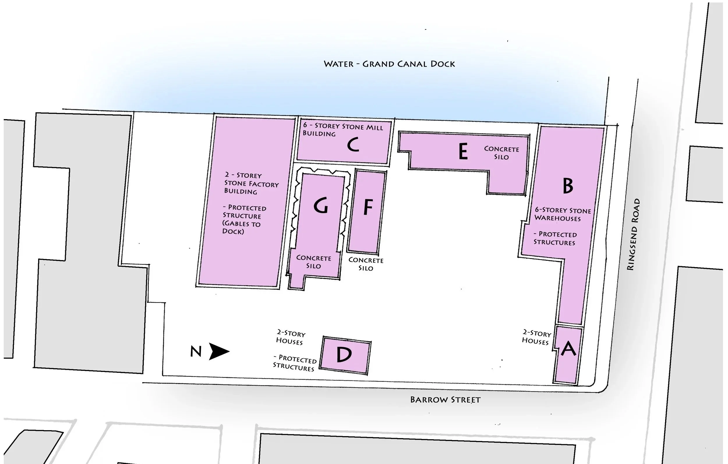 Site plan of a historic stone mill complex near Water Grand Canal Dock, showing various buildings labeled A to G, with structures including stone factory, stone mill, warehouses, and silos, along with streets named Ringsend Road and Barrow Street.
