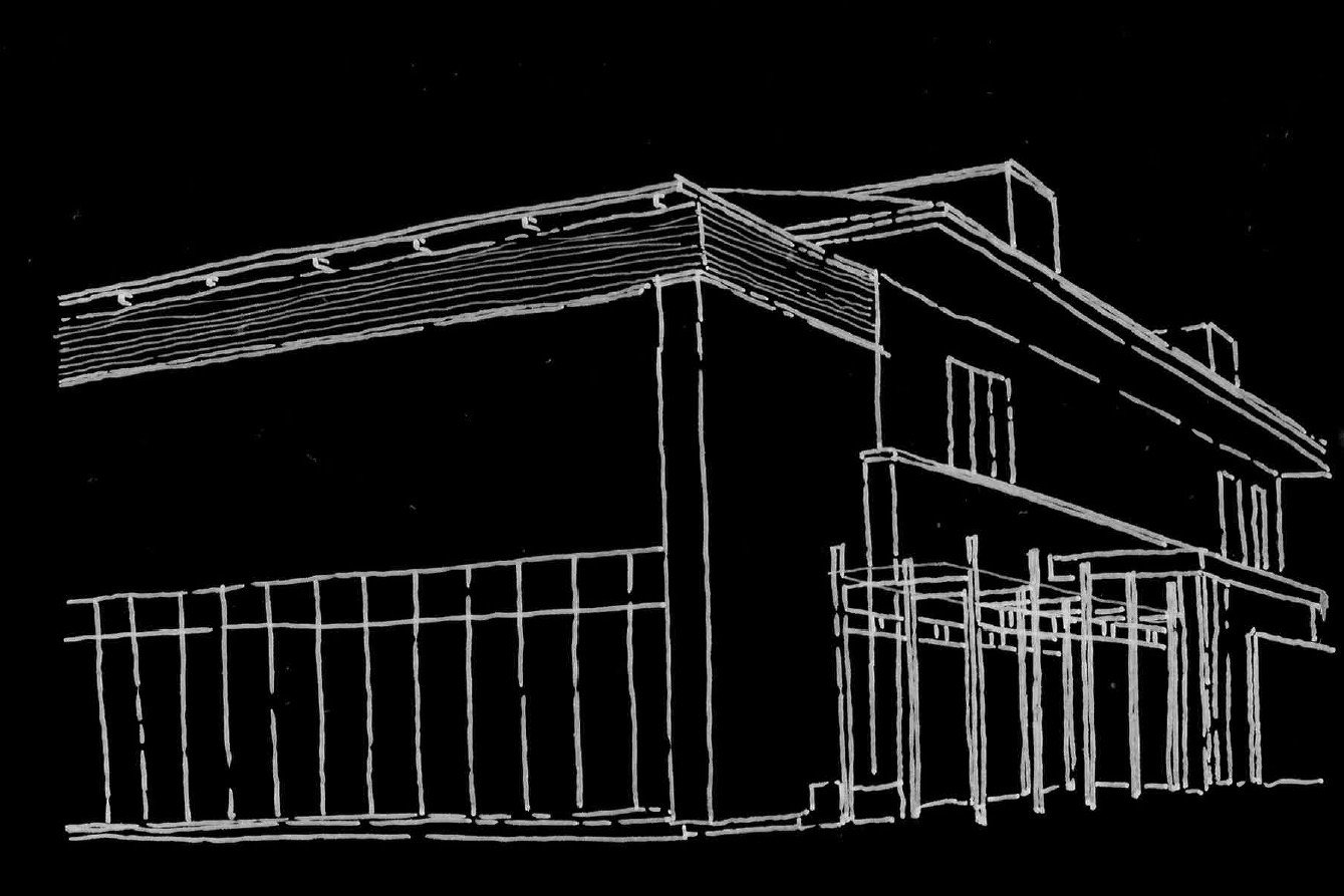 Line drawing of a modern multi-story building with a flat roof, large windows, and a balcony on the upper floor, against a black background.