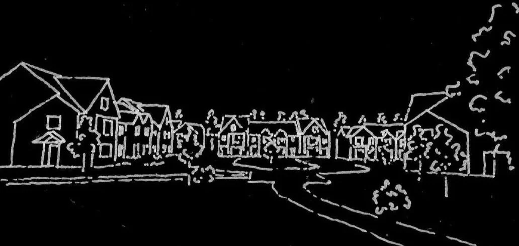 A line drawing of suburban houses along a street at night.