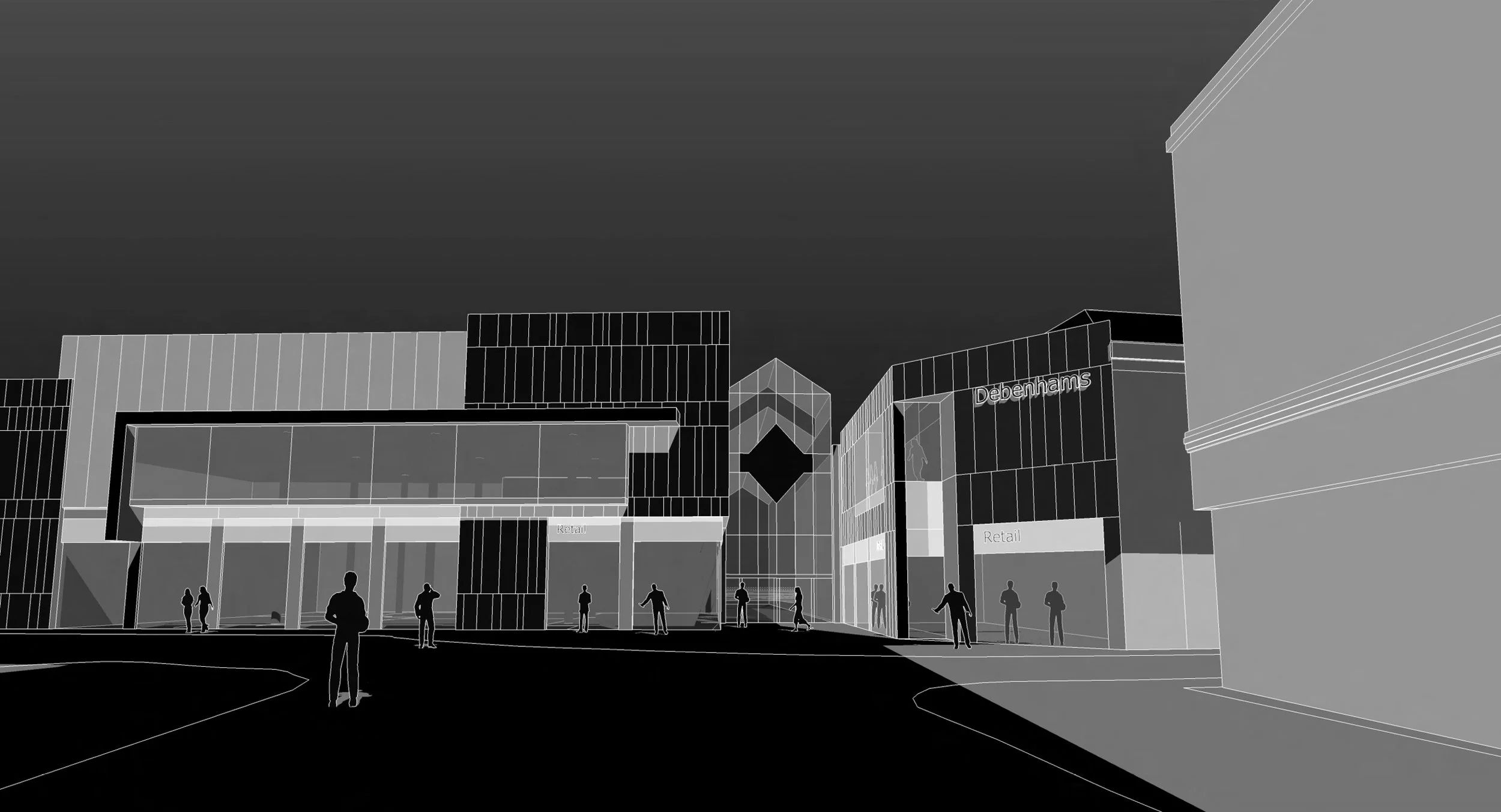 Architectural rendering of a modern commercial shopping area with storefronts labeled 'Debenhams' and 'Retail', featuring people walking and standing in an open plaza.
