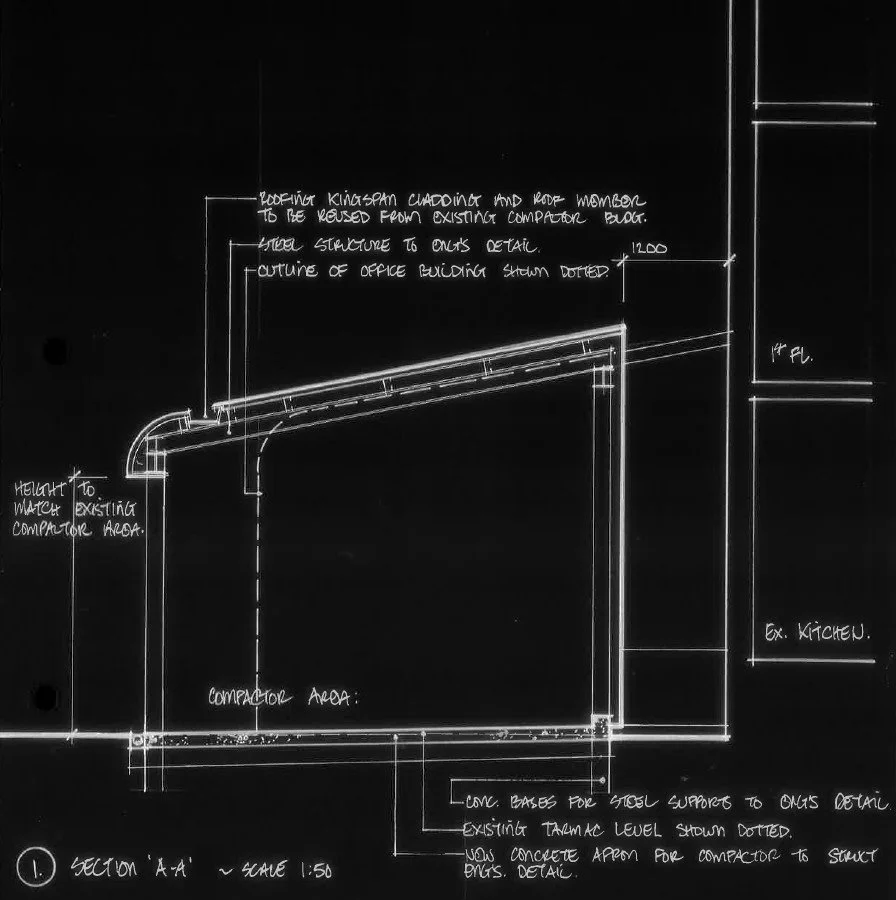 Architectural blueprint sketch of a building section with detailed notes and measurements.