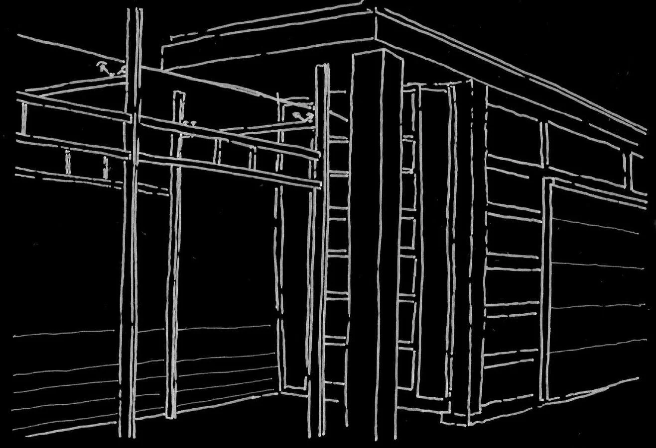 Sketch of an empty interior space with walls, shelves, and structural support beams.