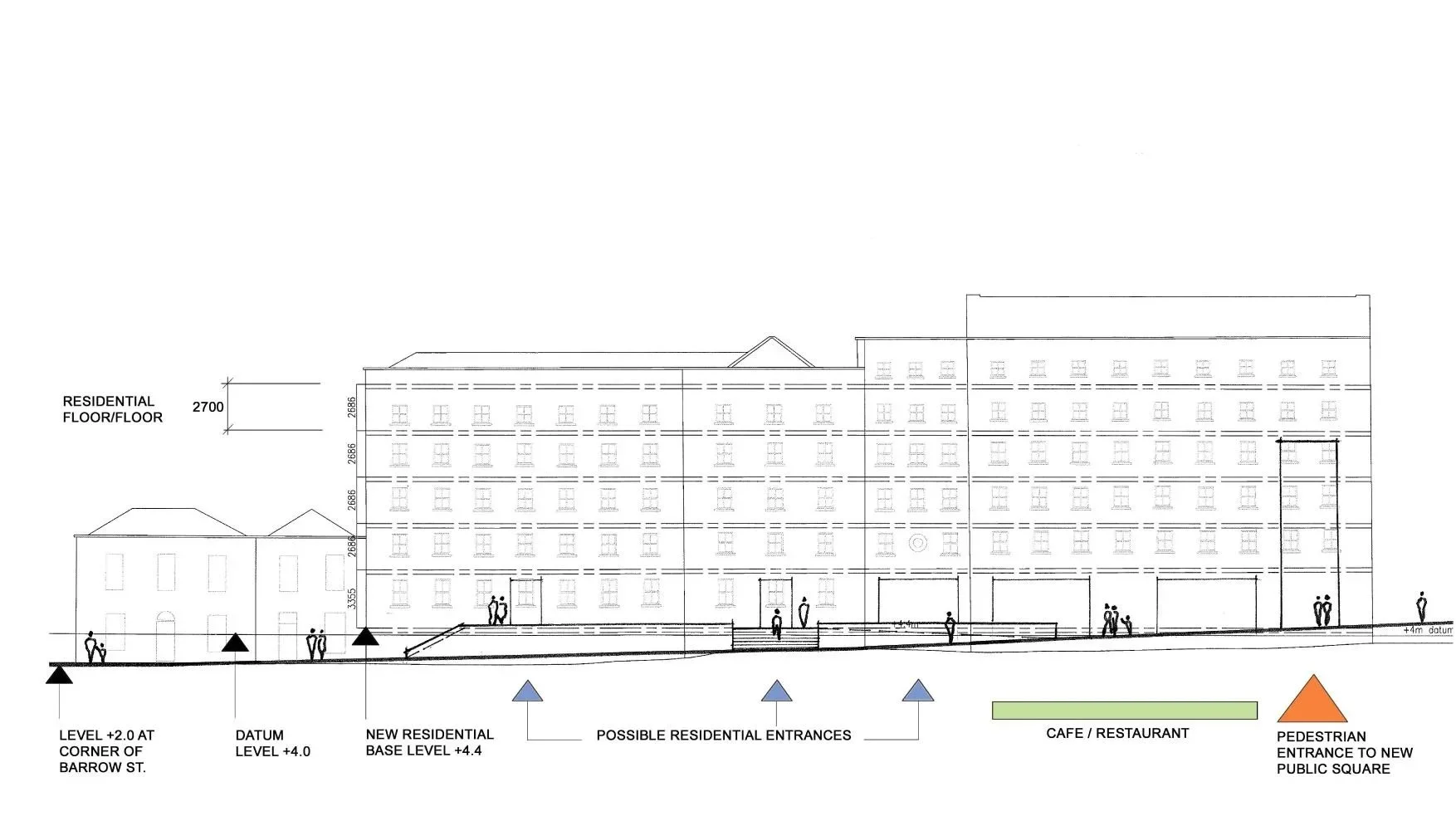 Architectural blueprint of a building elevation showing multiple floors, entrances, and surrounding landscape features, with annotations for residential, café, and pedestrian areas.