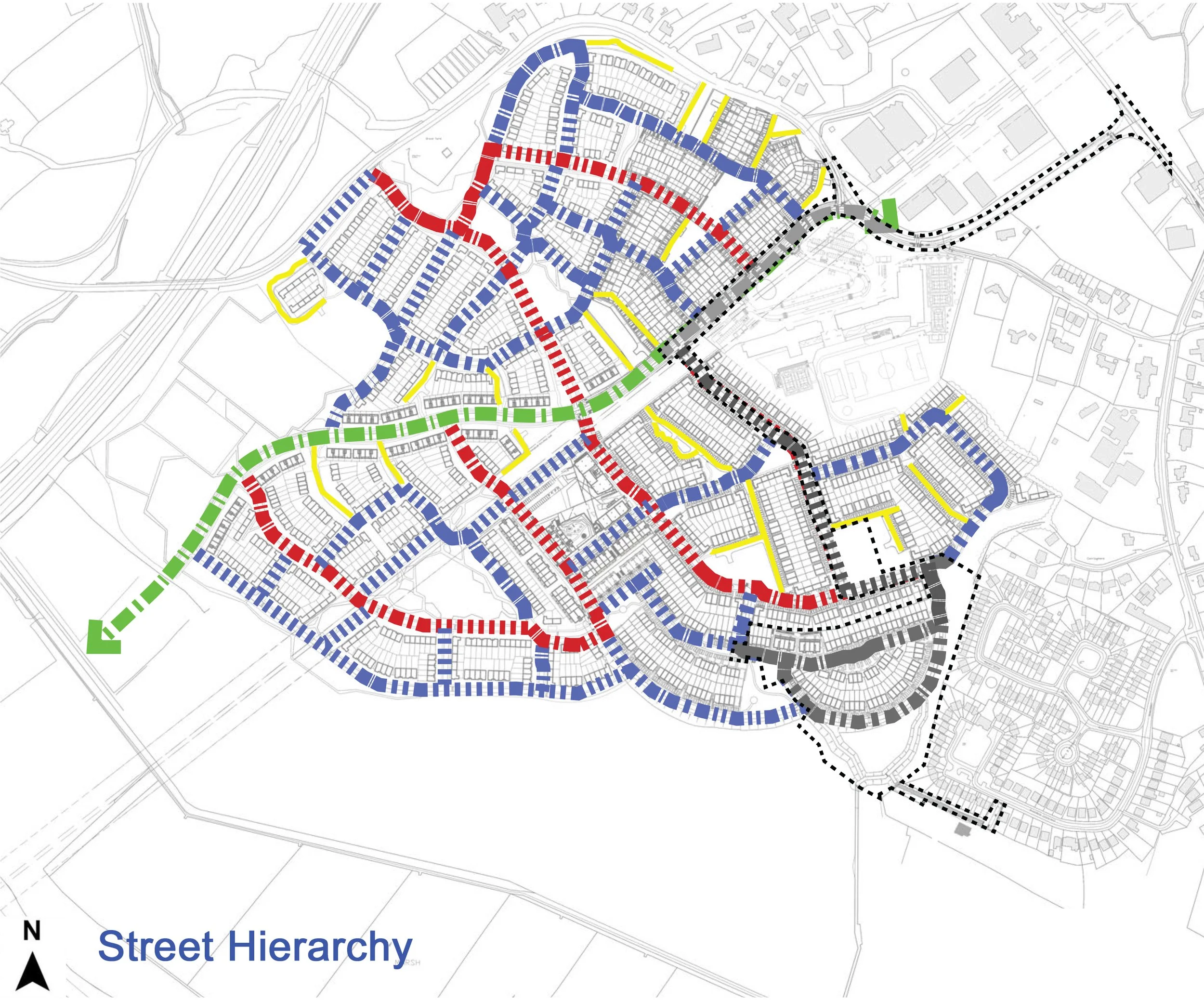 Map showing street hierarchy with roads marked in different colors: green for arterial roads, red for collector roads, blue for local streets, and black for major thoroughfares. The map includes a north arrow, and the title 'Street Hierarchy' at the bottom left.