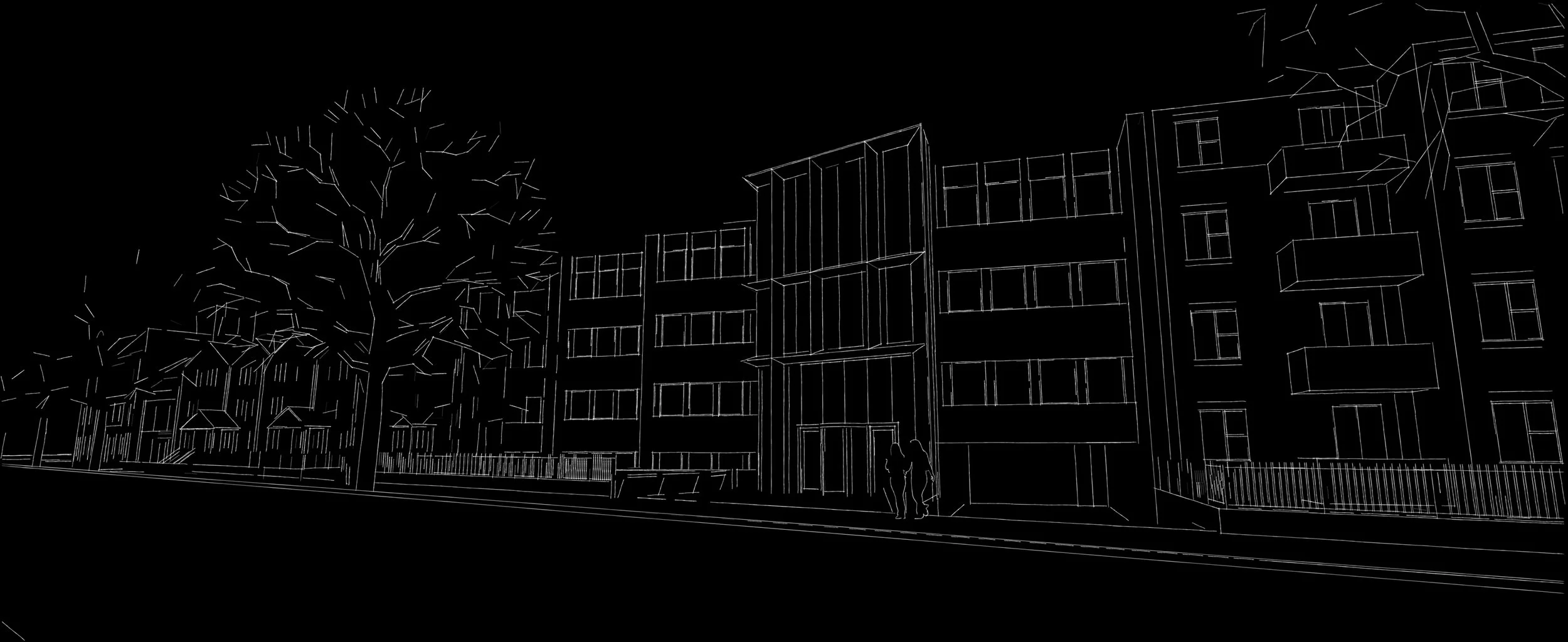 Line drawing of modern multi-story residential buildings with balconies, large windows, and a surrounding fence, along with a large tree and a couple walking on the sidewalk at night.
