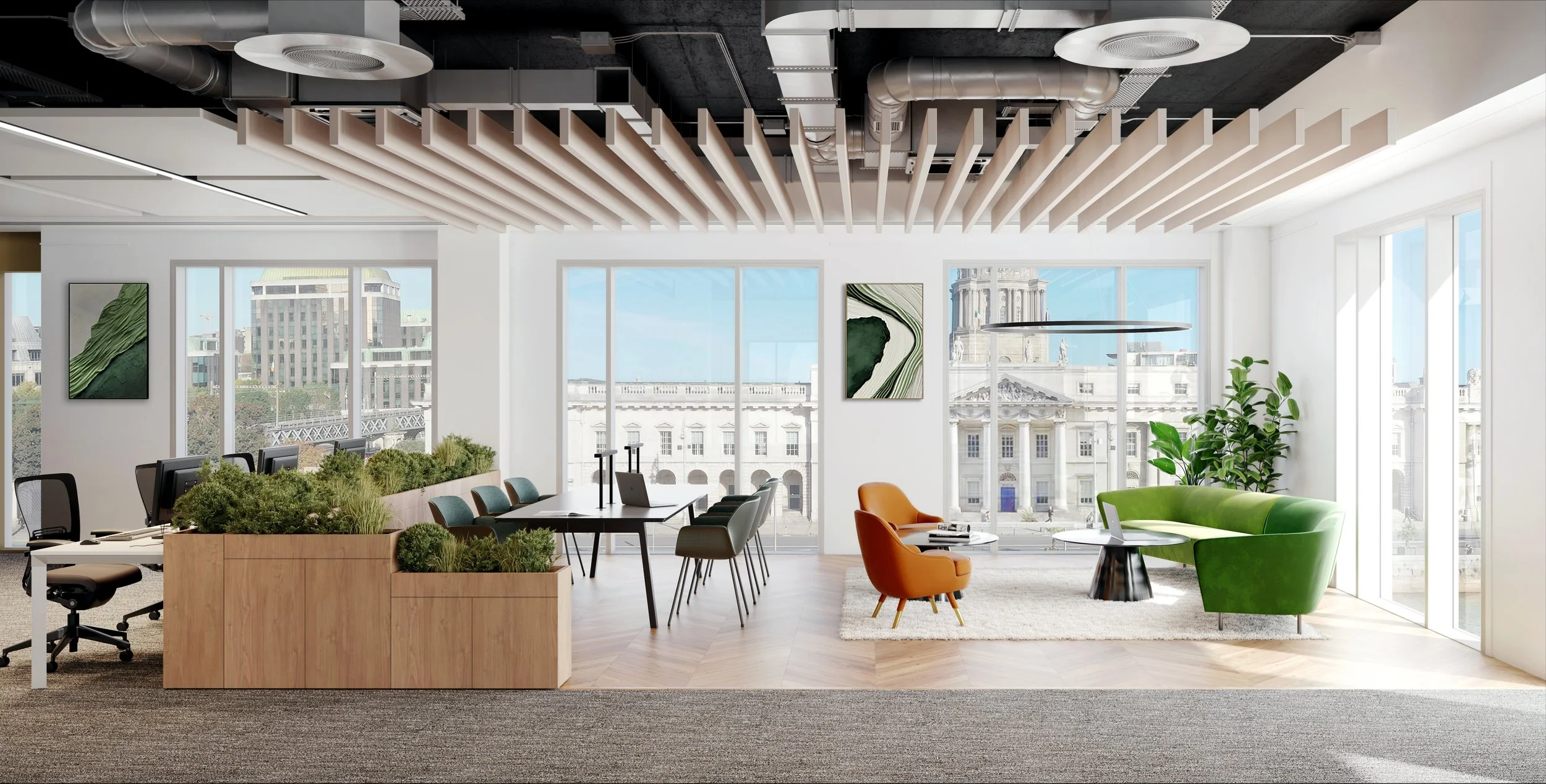 Modern office space with large windows, green and orange chairs, green plants, and artwork on the walls.