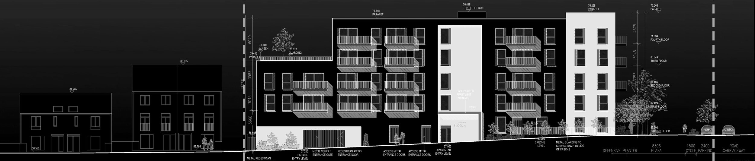 Architectural blueprint of a multi-story residential building with balconies, trees, parking, and labeled dimensions.