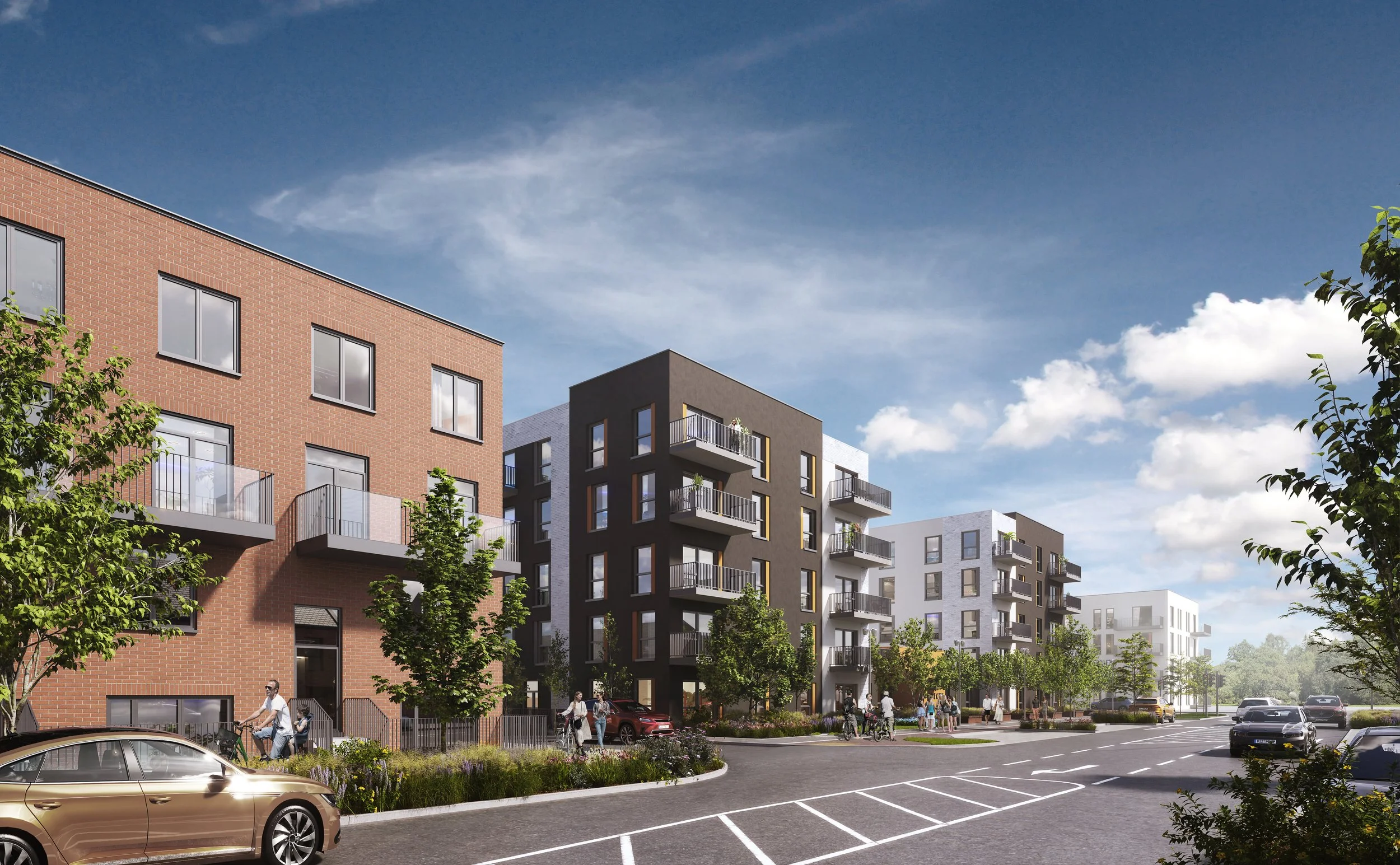 Modern residential apartment complex with multiple buildings, trees, and parked cars on a sunny day.