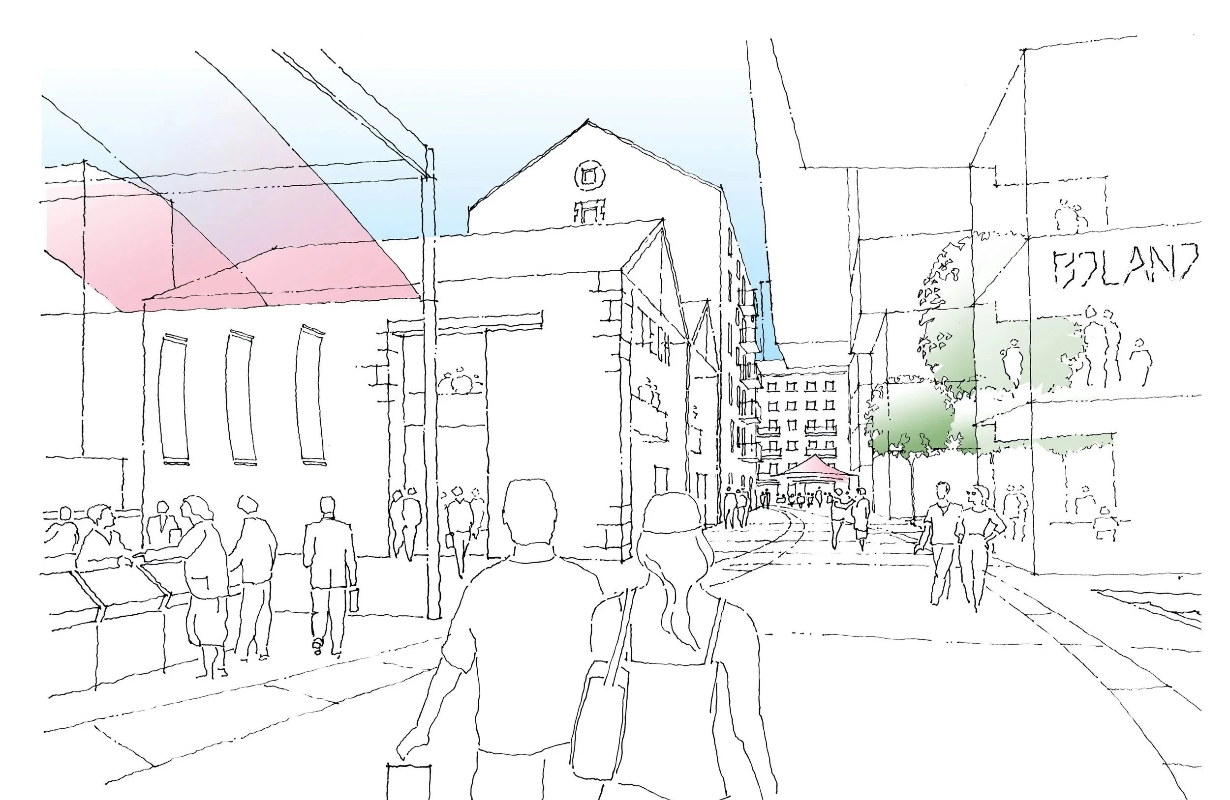 Sketch of a city street scene with people walking, surrounding buildings, trees, and a large sign reading 'ISLAND' on one building.