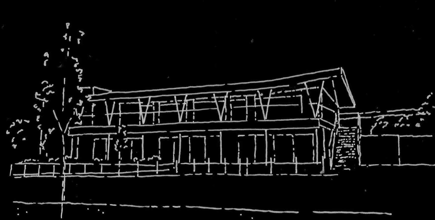 Architectural blueprint sketch of a modern building with large glass windows, stairs, and some trees in the background.