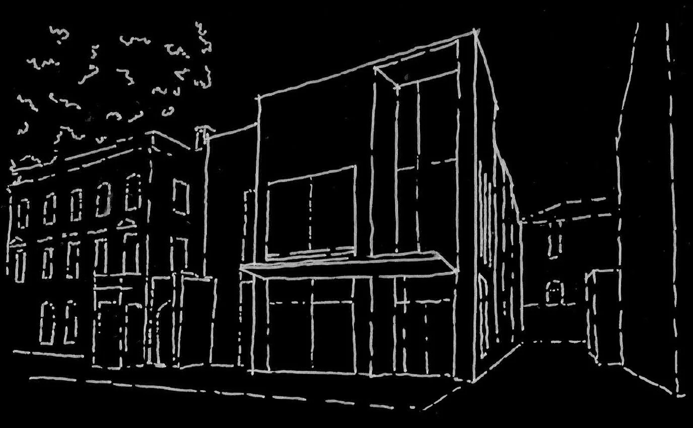 White line drawing of modern buildings on a black background, depicting an architectural sketch or blueprint.