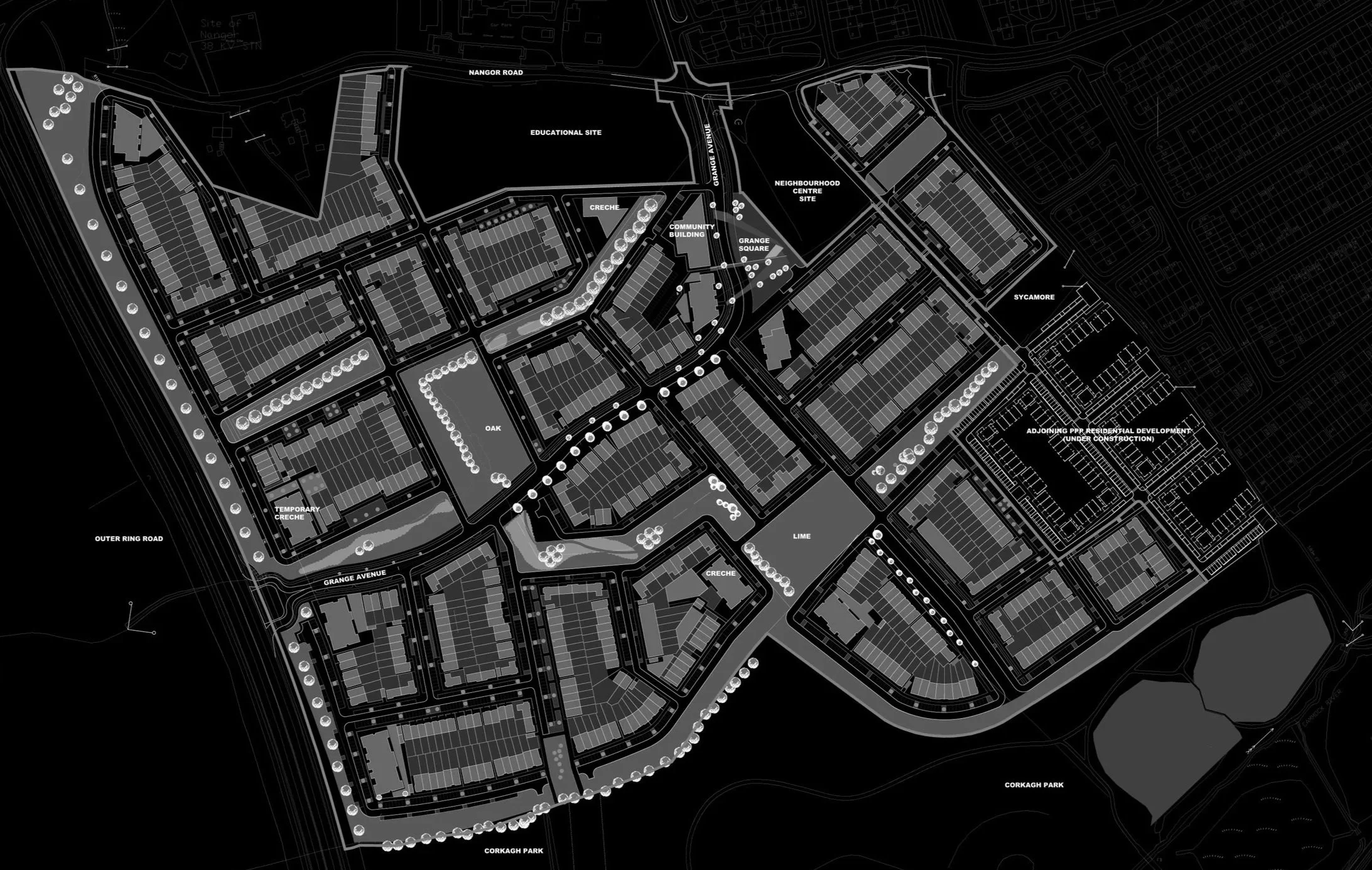 A detailed black and white site plan of a residential development area showing streets, parks, community buildings, and labeled sites such as educational, nursery, and park areas.