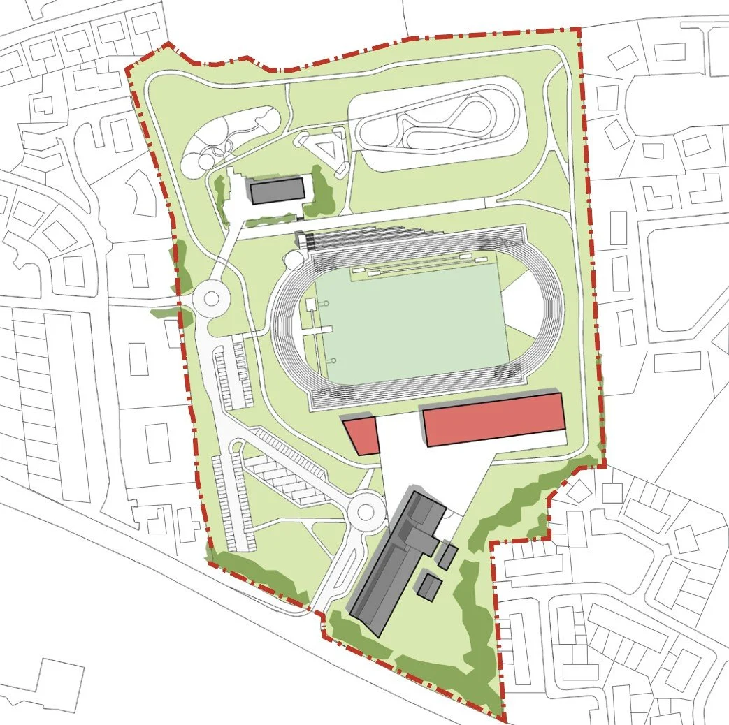A detailed masterplan of a large sports complex and surrounding areas, including a football field with a track, multiple buildings, parking lots, pathways, and landscaped areas, all enclosed within a red dashed boundary.