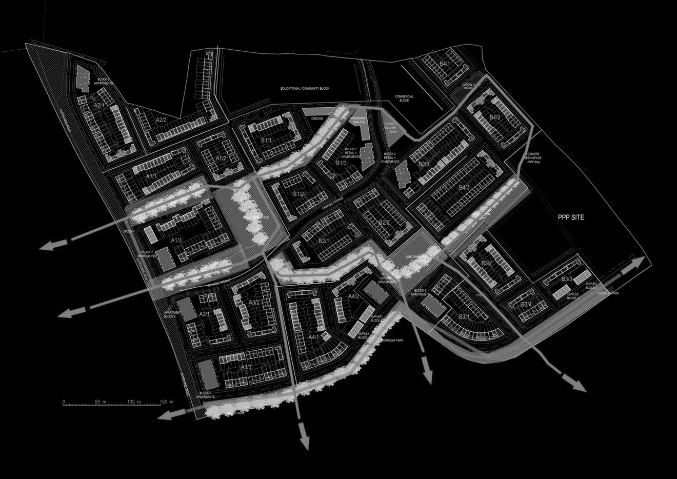 A black and white architectural site plan of a residential community with labeled blocks, roads, and areas such as apartments, parks, and commercial spaces.