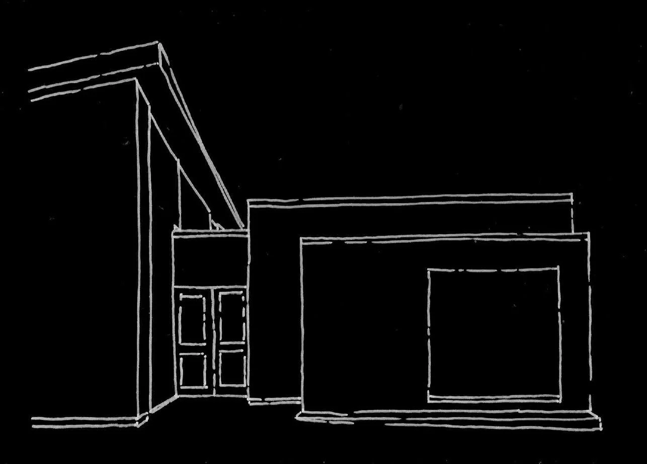 Line drawing of a modern building structure with a doorway and large windows on a black background.