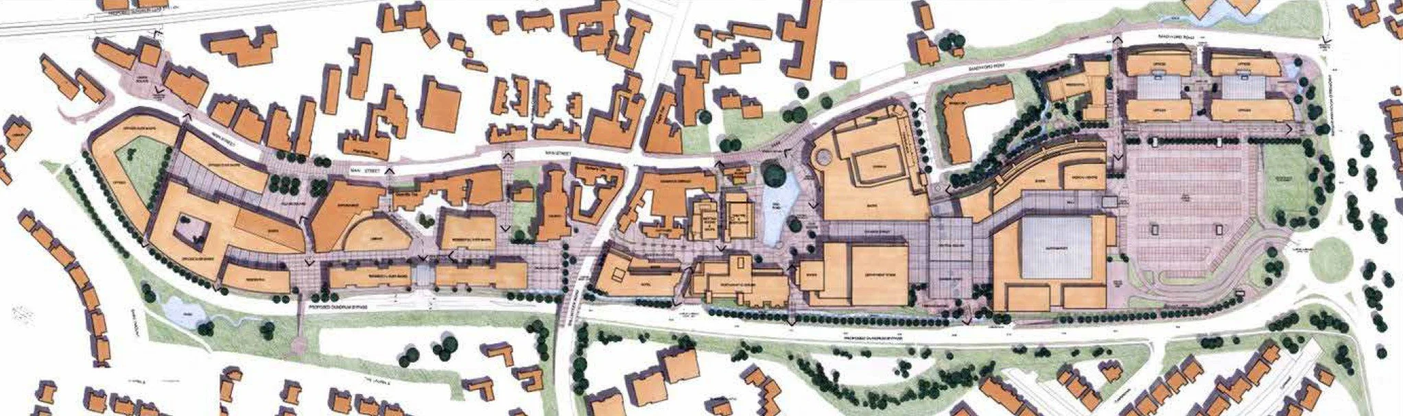A detailed site plan, Masterplan of a large urban complex showing buildings, roads, parking lots, green spaces, and pathways with some trees, in a top-down view.