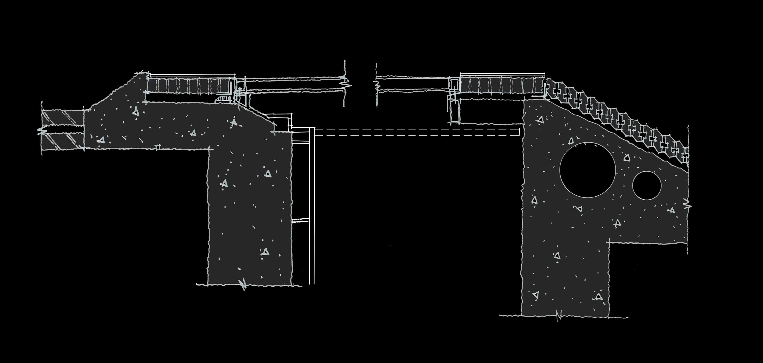 Technical drawing of a bridge cross-section showing concrete supports, steel reinforcements, and circular openings in the right support.