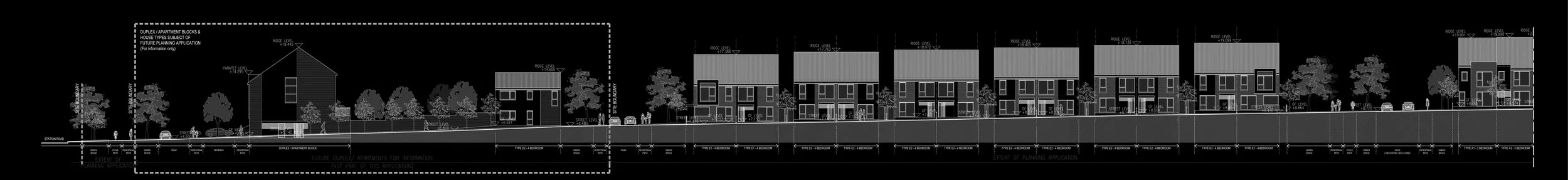 Architectural blueprint drawing of a residential building complex with multiple houses, trees, cars, and people depicted in white lines on a black background.