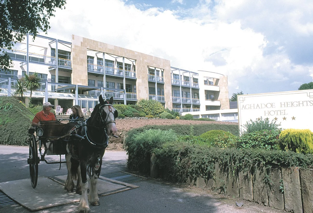 A horse-drawn carriage with two passengers is parked outside a modern hotel named Aghadee Heights Hotel. The hotel has a contemporary design with multiple balconies, and there is a sign with the hotel's name and stars.