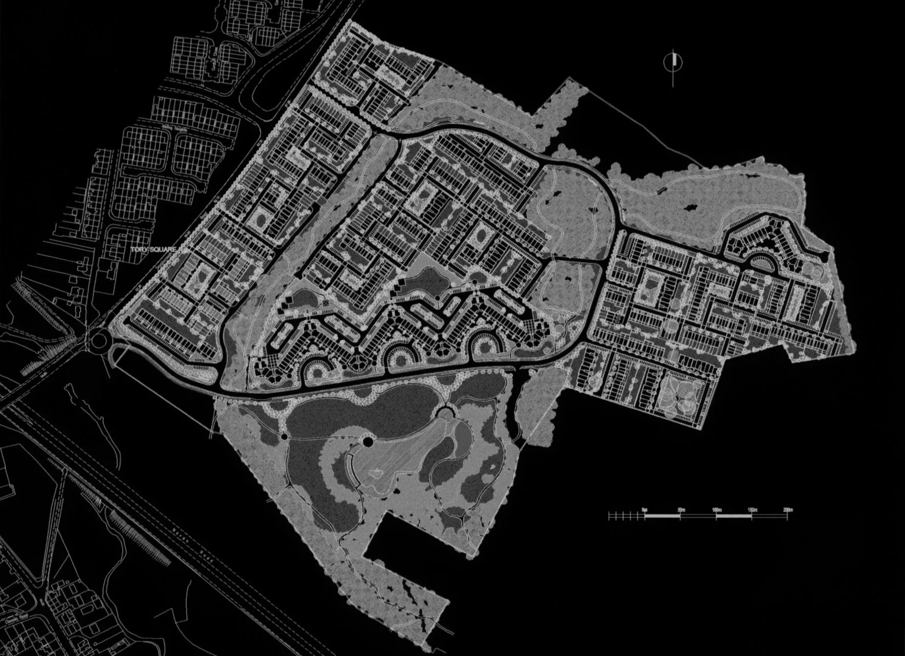 A black and white architectural or city planning map showing the layout of a residential area with streets, buildings, and green spaces.