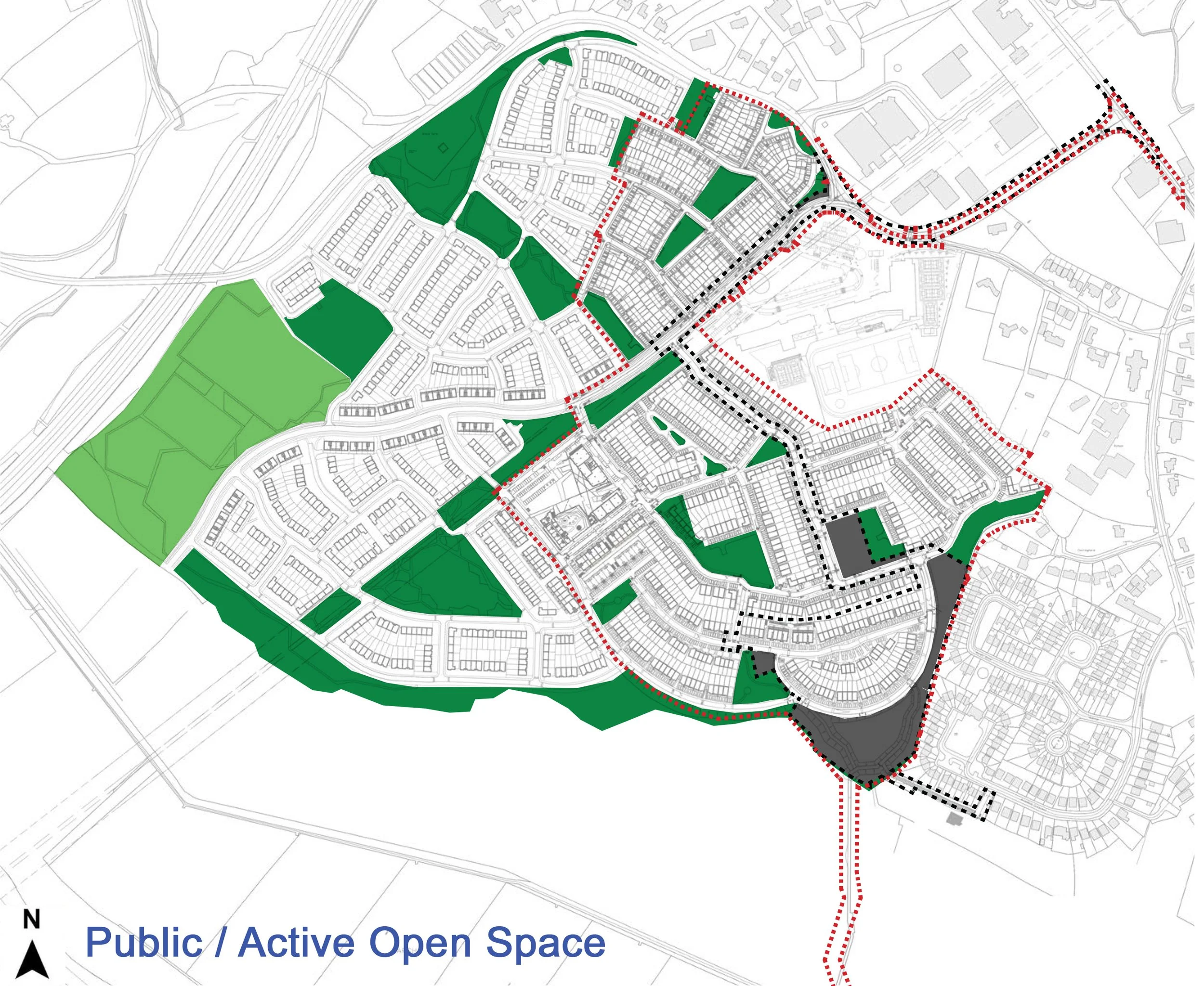 A detailed city zoning map with areas designated for public and active open space, marked in green, and various other zoning categories marked in black, gray, and red lines indicating boundaries and pathways.