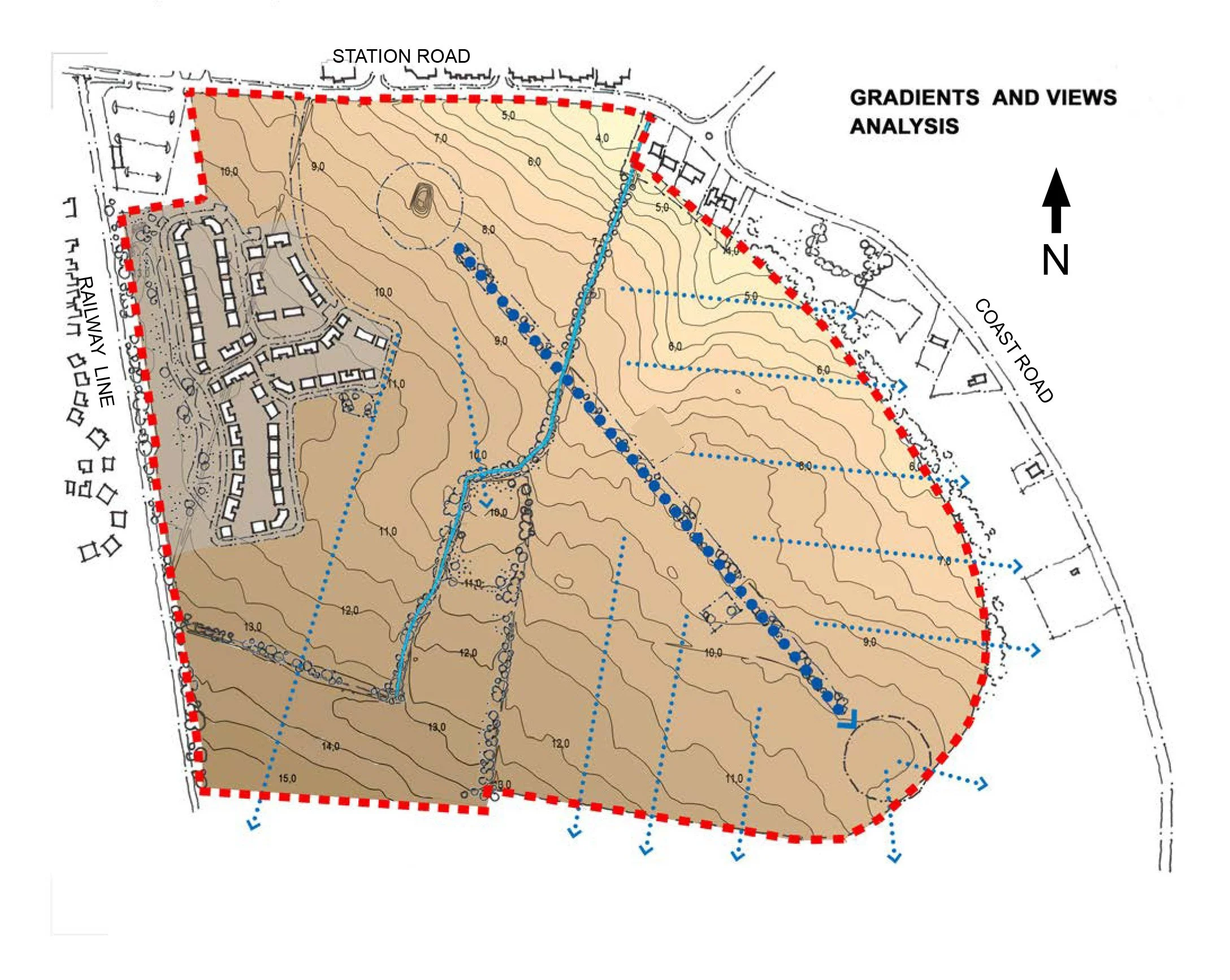 A topographic map showing gradients and views analysis with contour lines, direction arrows, and property boundaries. Streets labeled 'Station Road' and 'Coast Road' are at the top and right. The map highlights a brown shaded hill zone with contour lines indicating elevation levels, and property outlines along the perimeter. Blue dashed lines depict drainage or flow paths.