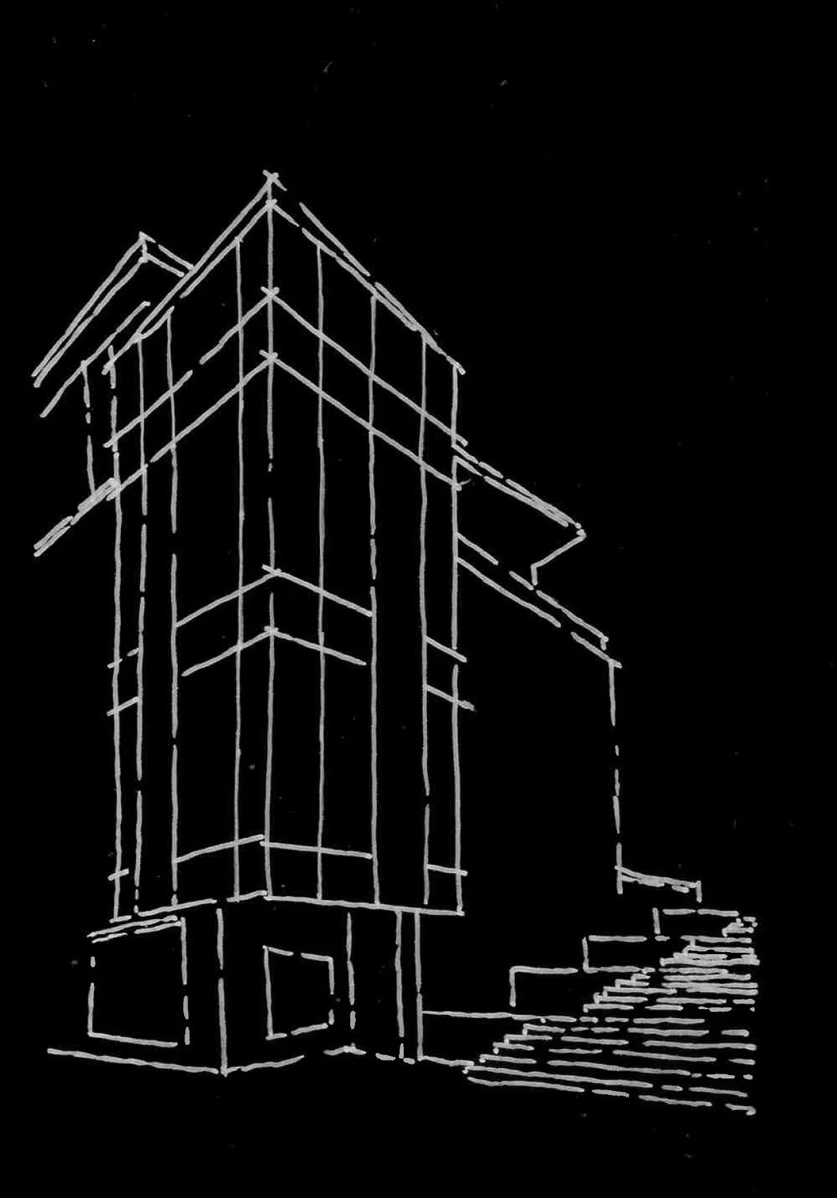 White line drawing of a modern multi-story building with stairs outside, set against a black background.
