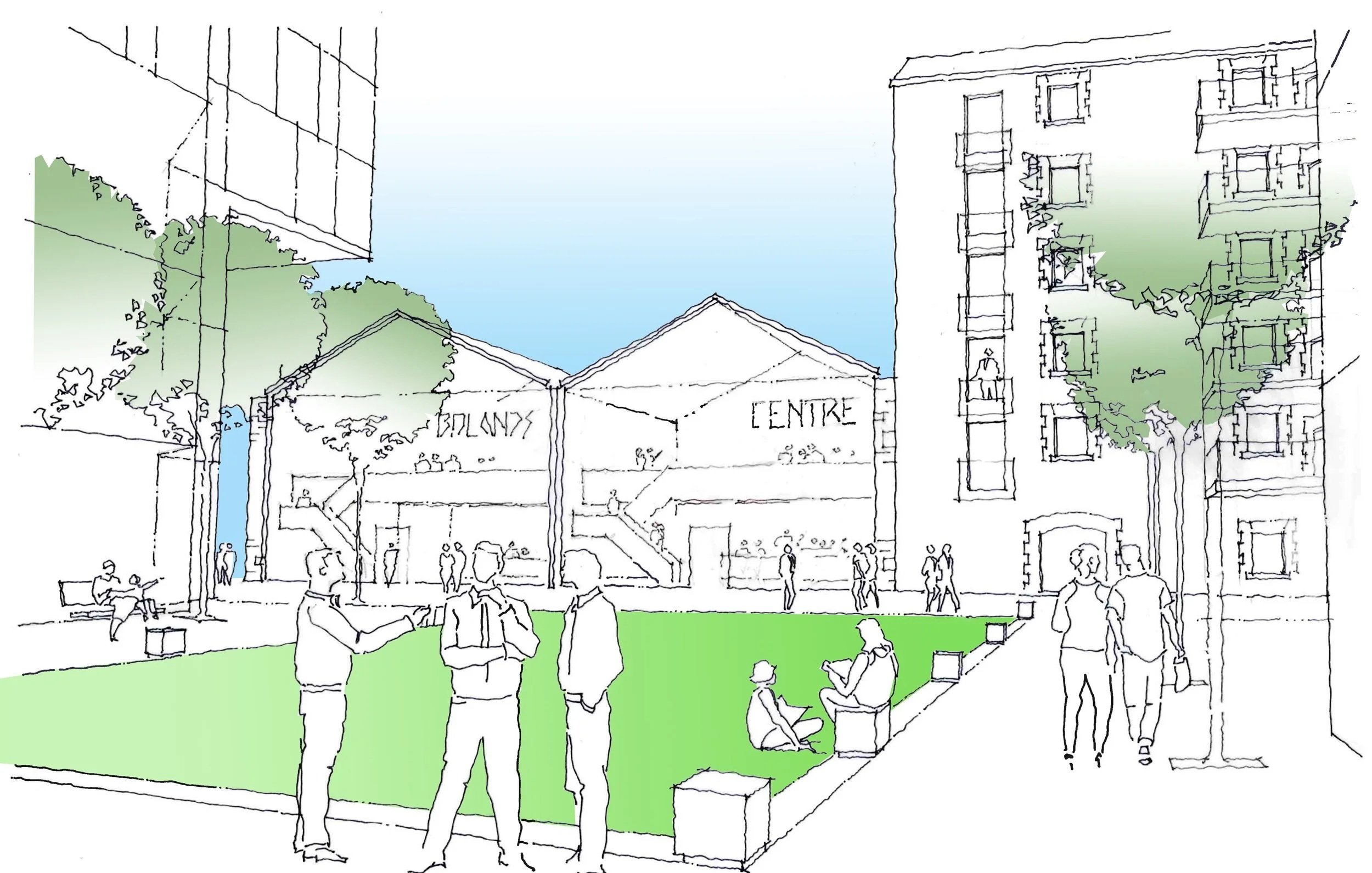 A sketch of a city park with people walking and sitting on benches, surrounded by buildings and trees, with a blue sky overhead.