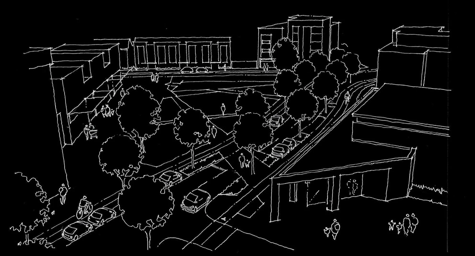 Line drawing of an urban park scene at night with trees, parked cars, pedestrians, and surrounding buildings.