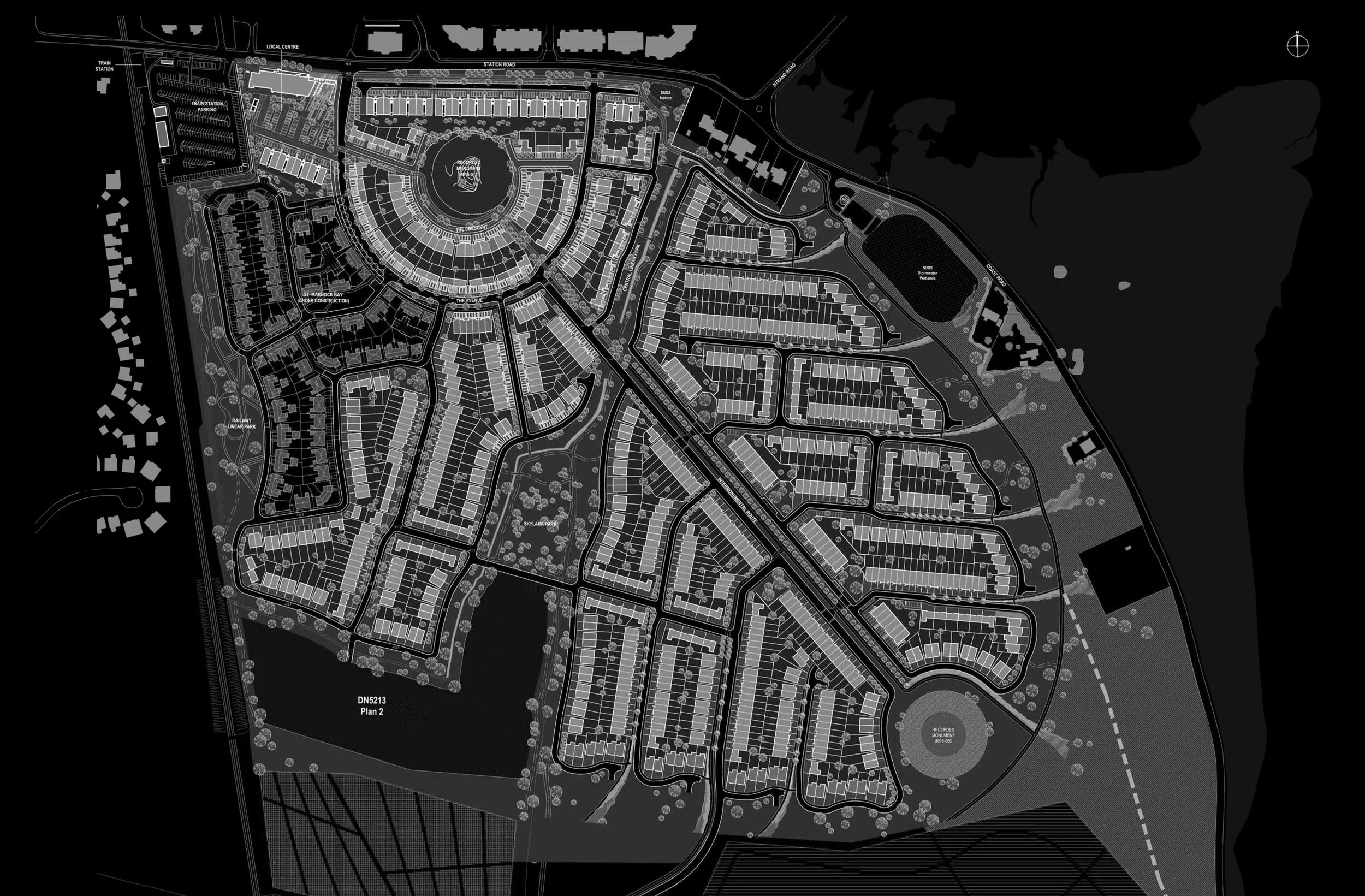 A detailed black and white city planning map showing residential, commercial, and recreational areas with streets, buildings, and green spaces outlined.
