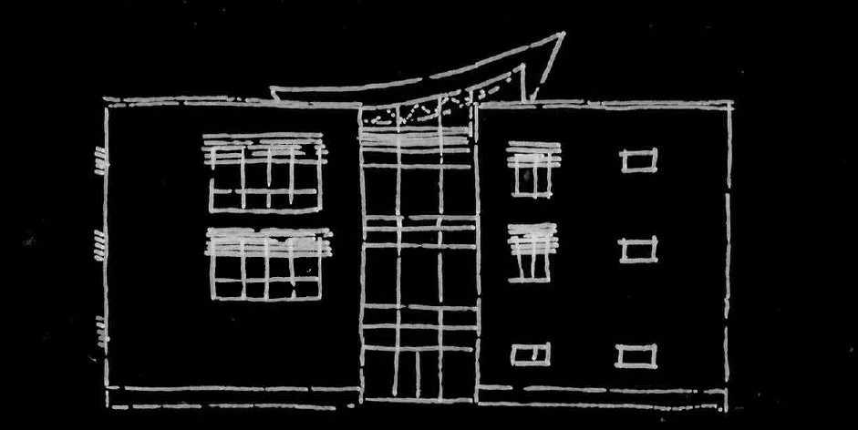 Hand-drawn sketch of a multi-story building with windows and an entrance, drawn with white lines on a black background.