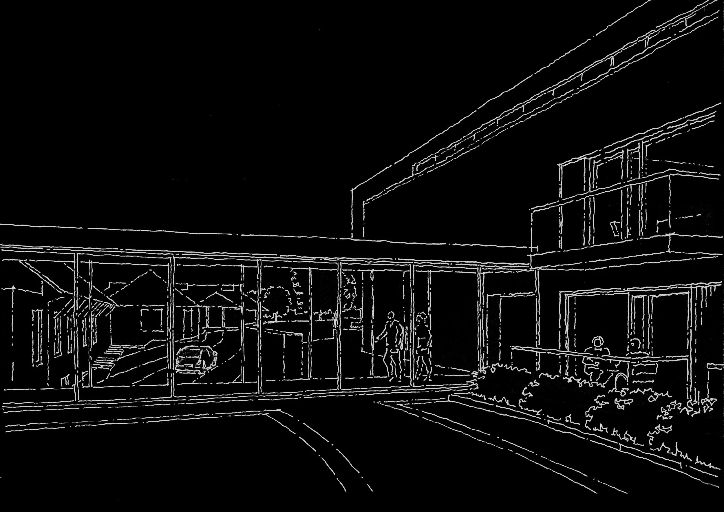 Line drawing of a modern building with a parking lot, glass windows, and people walking and sitting outside, night scene with stars in the sky.