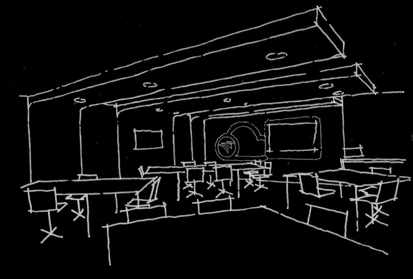 Sketch of a modern conference room with multiple tables and chairs, a large projection screen or monitor on the wall, and a ceiling with recessed lighting, drawn in white lines on a black background.