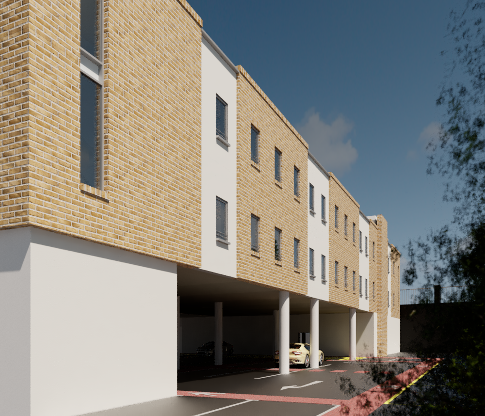 Modern yellow brick apartment building with parking garage underneath, cars parked in designated spots, and clear blue sky.