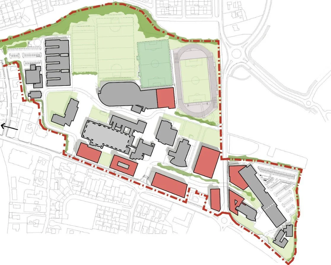 Masterplanning Map of a school campus with athletic fields, buildings, and parking lots, outlined by a red boundary line.