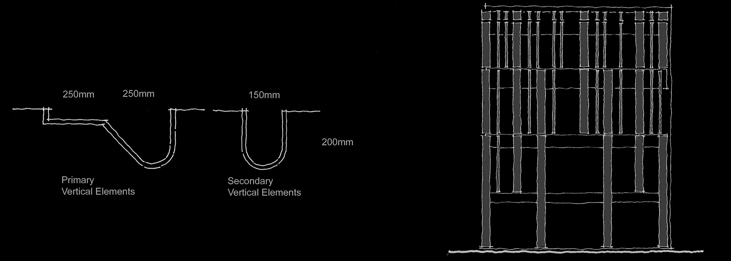 Diagram of primary and secondary vertical building elements with measurements in millimeters, along with a structural framework drawing.