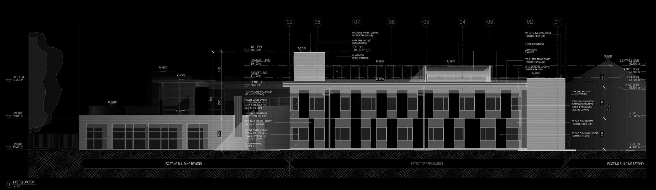 Architectural blueprint of a building's east elevation showing levels, windows, walls, and construction details.