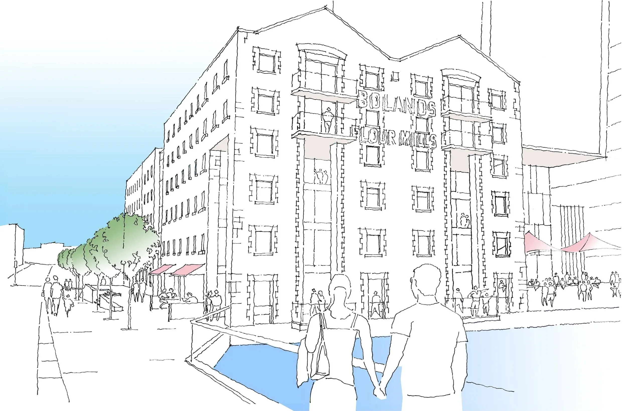 A cityscape sketch featuring a large multi-story building with the words 'SOLANDS TOUR MITS' on its facade. People are walking on the street, some near trees and outdoor seating areas, with shaded awnings visible.