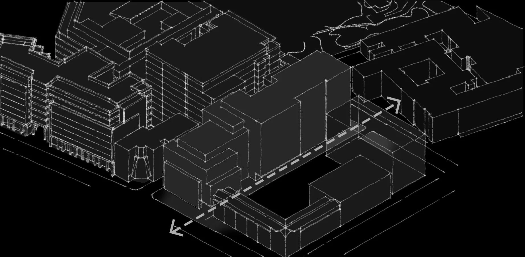 A black and white architectural blueprint of a city block showing building outlines and street layouts.